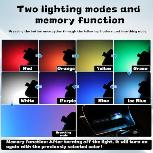 joonnair 2 x Type-C USB Beleuchtung Atmosphäre, 8 Farben RGBAuto USB Innenbeleuchtung mit Modus-Einstellung, Lichtempfindlicher Schalter, Mini USB LED Licht für Auto, Schlafzimmer & Camping
