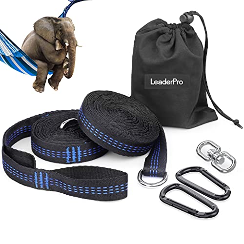 LeaderPro 2 Piezas Correas de Hamaca, 3 m x 2,5 cm MAX 400 kg Accesorios Cinturon de Hamaca Correas para Árboles Camping con 2 Mosquetones, 1 Gancho Giratorio, con Bolso de Mano Cover