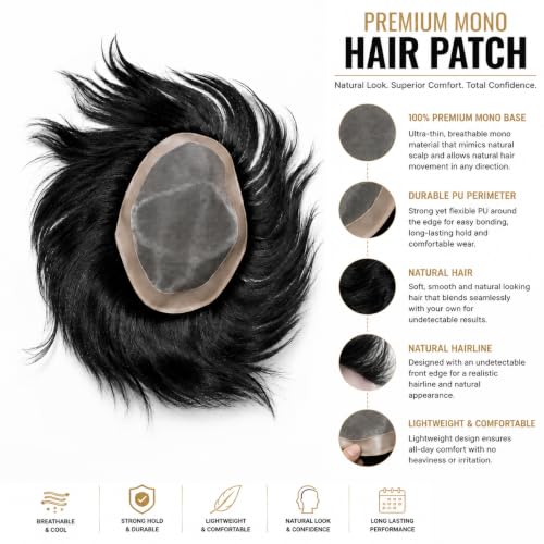 Image of Euphoria PREMIUM MONO Hair Patch for Men | 100% Natural Human Toupee | Durable PU Border System | Non-Surgical Replacement Wig | Install with Tape, Clips or Glue | (Black, 10x7)