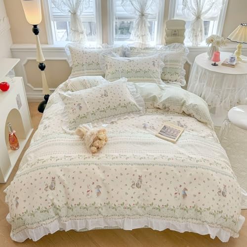Image of LifeTB Botanical Floral Comforter Set Full Size Cute Flower Leaves Rabbit Pattern Comforter Reversible Green Plaid Comforter Girls Princess Bedding Set Lace Ruffle Comforter Set for Kids Teen Girls