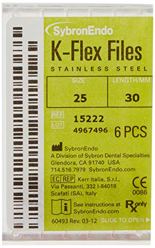 SybronEndo 15222 Endo Hand K-Flex File, 0.02 mm Taper, 30 mm Length, Stainless Steel, 25 Tip Size, Red (Pack of 6)