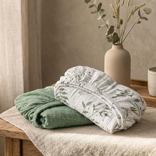 Image of Muslin Bassinet Sheets 2 Pack, Ultra Soft Breathable Fitted Sheets for Bedside Sleeper Bassinet, 33x20 Inch, Snug Fit Baby Bassinet Mattress Cover for Newborn Boys Girls (Bright Leaves)