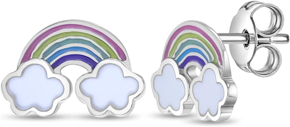 In Season Jewelry Rainbow Stud Earrings - 925 Hypoallergenic Sterling Silver Earrings for Girls with Secure Push Back Locking - Safe & Comfortable for Kids & Little Girls
