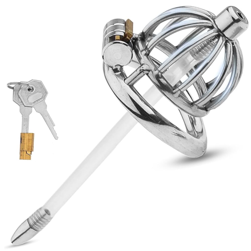 BDSMLOVE Gabbia di castità in acciaio inossidabile, Chastity cage con Catetere cavo, gabbia castità per uomo, cock cage per Prevenire L'erezione, uomo Castità Set di anelli (45 mm)