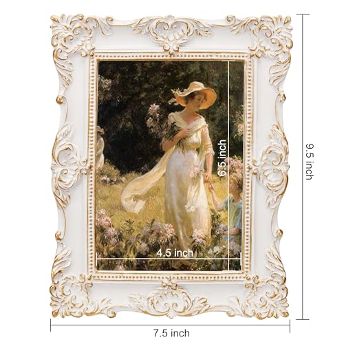 Image of eletecpro 5x7 Vintage Picture Frame with Real Glass Cover, Ornate Antique Photo Frame, Display 5x7 Picture for Tabletop or Wall Hanging, White Home Decor for Gallery Art