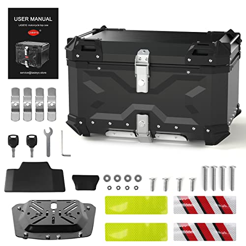 Lasieyo 65L Motorcycle Top Case, Aluminum Motorcycle Trunk Tour Tail Box With Security Lock For Store 2 Helmet Large Luggage, Waterproof Motorcycle Top Box, Universal Motorcycle Accessories (Black) #TOP7