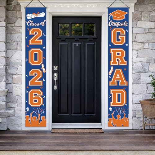 Image of Graduation Decorations 2026, Orange and Blue Door Porch Signs, Graduation Banner Class of 2026, Congrats Grad Banner for Door and Porch Graduation Party Supplies