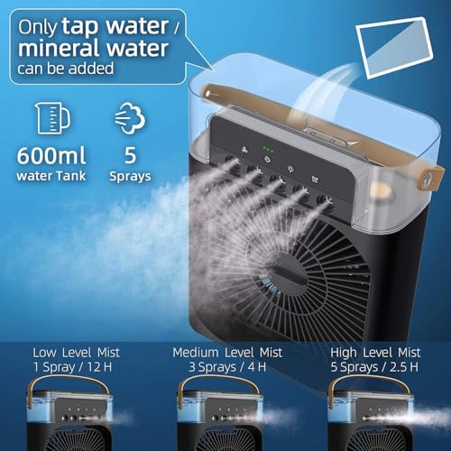 Image of Drumston (15 Years Assured Warranty) Personal Mini Air Cooler Fan with Humidifier Mist, Adjustable Wind Speeds, LED Night Light, USB Powered Portable Desk Cooler for Bedroom Office Study Room (Black)