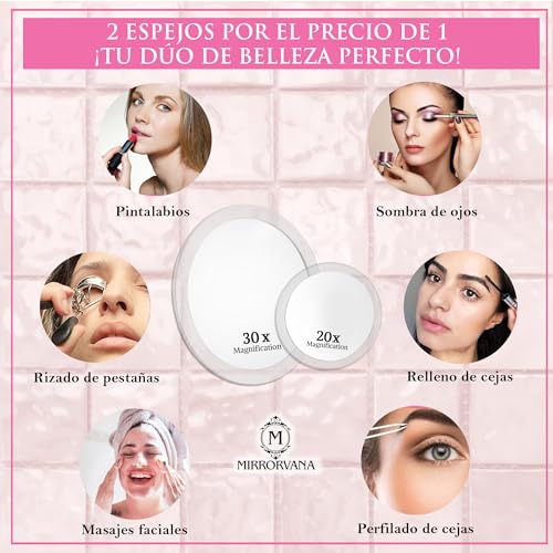 Miniatura 2 de Mirrorvana Juego De Espejos De Aumento 30x Y 20x Con 3 Ventosas Adhesivas - Espejos De Tocador De Gran Aumento Para Maquillaje Y Depilación - 15 Cm 30x Y 10 Cm 20x