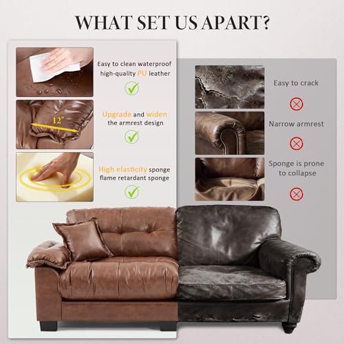Image of Faux Leather Sofa, Mid Century Modern Deep Loveseats, Comfy Cloud Couch, Tufted Pillow Top Arm Furniture for Living Room, Apartment, Cognac Brown