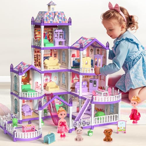 TASTIEN Princess Doll House, 4-Story Dollhouse with Glow in The Dark, Doll House Playset with 2 Dolls, 12 Play Areas, Fully Furniture & Accessories, Toys for 3 4 5 6 7 8 9Year Old Girls Gift, Purple