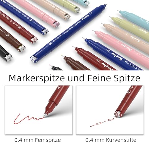 AECHY 8 Stück Kurven-Textmarker-Set für Notieren, Doppelspitzenstifte mit 8 verschiedenen Kurvenformen und 8 feinen Linien, Farbiger Kurvenstifte für Schule, Studium und Büro zum Notieren