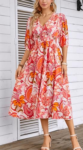 Image of Kormei Women Casual Boho V Neck 3 /4 Sleeve Smocked Waist A Line Swing Midi Long Dress S Orange Pink