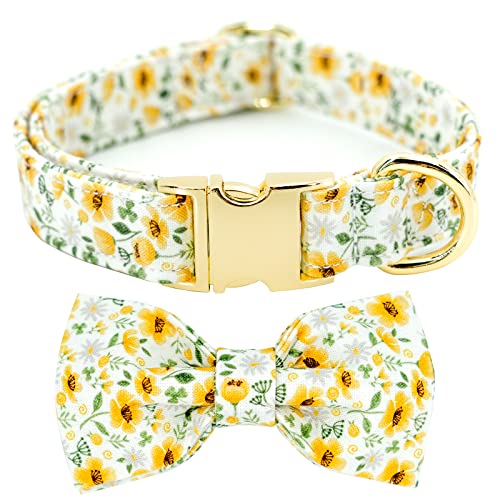Image of Dog Collar Floral with Elegant Bow Tie Soft Comfy Cotton Adjustable Collar , Premium Metal Buckle for Puppy and Cat Small Medium Large（Daisy Flowers，L）