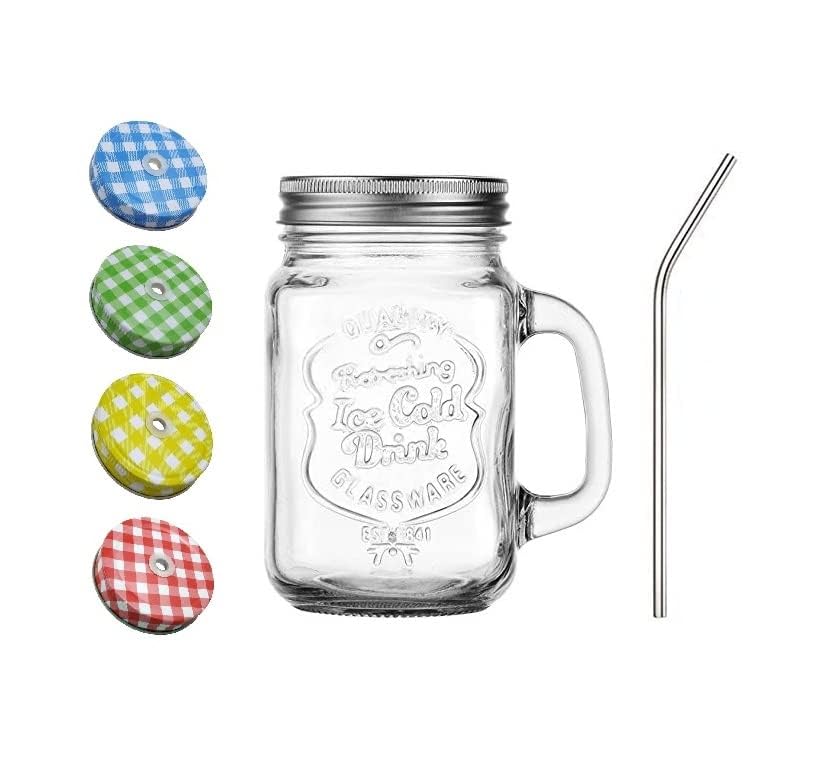 Image of SAVE Mason Jar With Stainless Steel Straw And Handle And 2 Lids | 1 Lid With Hole And 1 Without Hole | Stylish Embossing Design | 450 Ml | Multicolour Lid With Hole (Bent Straw, Clear)