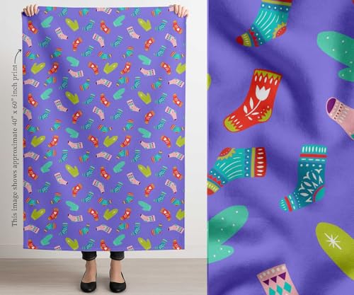 Image of Soimoi Purple Cotton Canvas Fabric Socks & Gloves Folk Art Print Fabric by the Meter 42 Inch Wide
