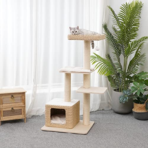 Agile 46" Modern Plywood Cat Tree Condo Tower With Natural Sisal Scratching Posts & Woven Baskets (Ella) #TOP3