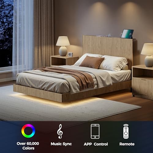 Image of Evermagin Oak Full Floating Bed Frame with Headboard | Boho Fluted Platform Bed with LED Lights, Heavy Duty Floating Bedframe with Charging Station, No Box Spring Needed