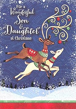 Designer Greetings Brown and White Jumping Reindeer Blue Swirling Snow Christmas Card for Son and Daughter-in-Law
