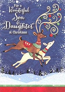 Designer Greetings Brown and White Jumping Reindeer : Blue Swirling Snow Christmas Card for Son and Daughter-in-Law