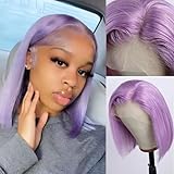 Lilac Lace Front Wigs Human Hair,13x4 Glueless HD Lace Bob Wigs Human Hair Pre Plucked Hairline with Bleached Knots Straight Brazilian Virgin Hair 10' 150% Density Purple Short Bob Wigs for Women