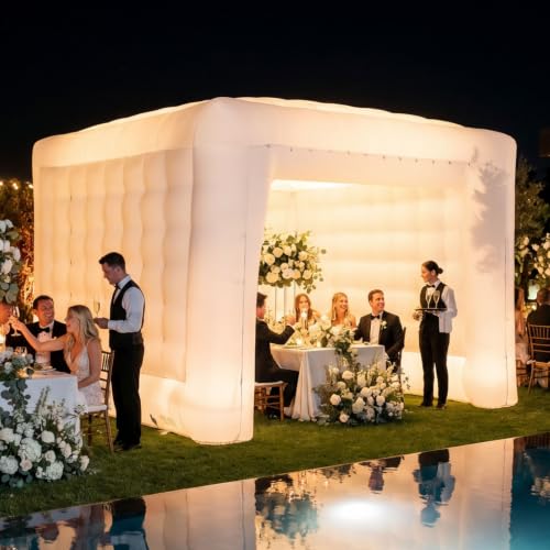 MaisonAir AirDome Cube 13.3 x 13.3 x 10.7 ft LED Light-Up Inflatable Gazebo for Parties and Events, Nighttime Backyard Outdoor Tent with Blower and Noise-Reducing HushPod