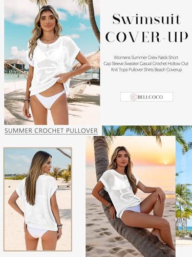 Bellcoco Beach Vacation Clothes for Women Summer Cruise Outfits Spring Short Cap Sleeve Sweaters Womens Sexy Crochet Hollow Out Resort Wear Tops 2026 Beach Coverups Flower White Medium — view 5