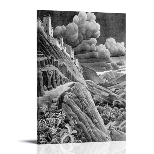YYUEQIL Maurits Cornelis Escher Impression sur toile Castrovalva Décoration murale avec cadre 60 x 90 cm