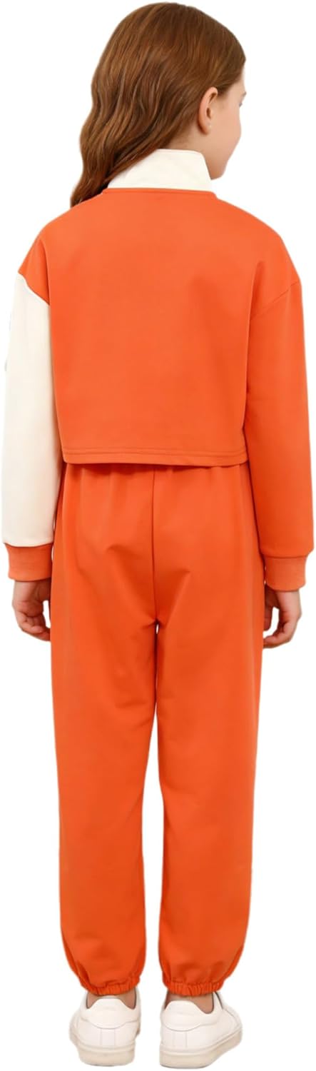 Choomomo Chinese Style Girls Traditional Uniform Frog Buttons Top with Loose Sweatpants for Kungfu Performance Orange 9-10 Years