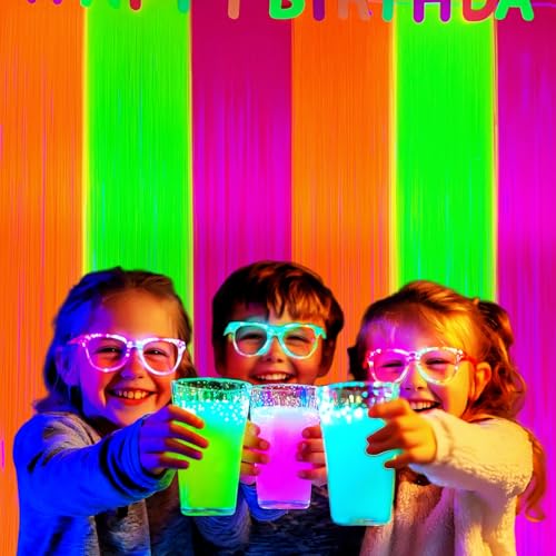 Image of Aduck Glow in The Dark Party Supplies, Neon Party Decorations Foil Fringe Curtains with Tinsel Backdrop(2-Pack), Fluorescent Yellow /Orange /Pink Streamers for Photo Booth Birthday Decorations-6.6x6.6ft