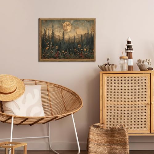 Vintage Nature Forest Wall Art Dark Moon Landscape Painting Wall Decor Woodland Picture Artwork 3D Textured Hand Drawn Sandstone for Farmhouse Bedroom Living Room 16x24 inch Wood Framed by YFvrPt - Used condition - Image 7