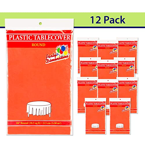 Image of Party Dimensions Orange Tablecloths - Plastic for Round Tables, 84 inch (12 Pack) Premium Disposable Table Covers for Parties & Weddings, Indoors /Outdoors