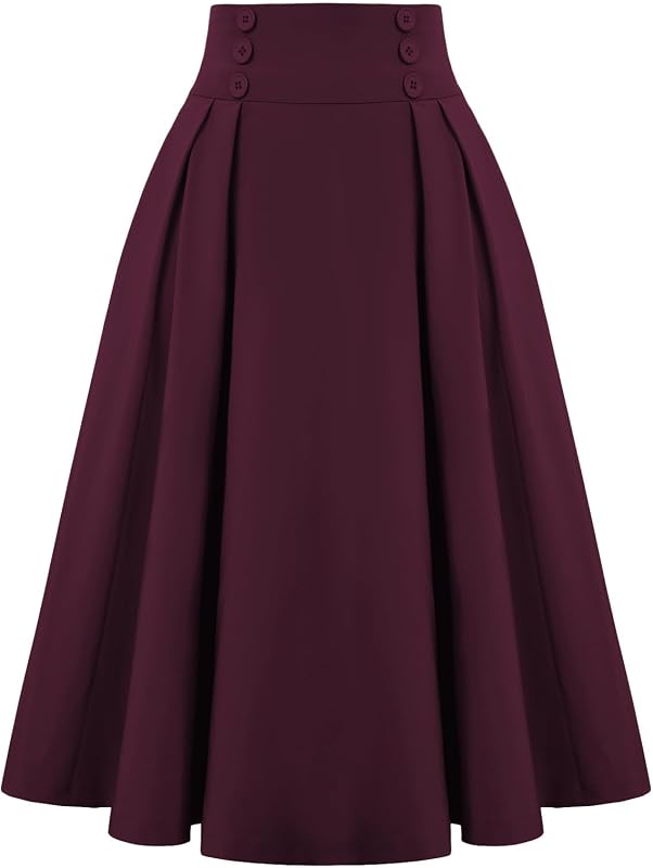 Belle Poque Women's Midi Pleated A-Line Skirts Pockets