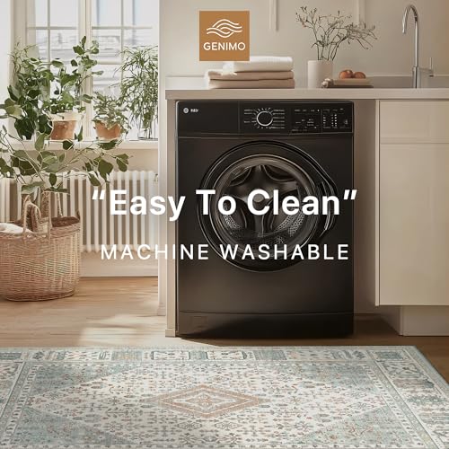 GENIMO 3x5 Area Rugs for Living Room, Machine Washable Boho Vintage Rug Non Slip, Printed Thin Low Pile Lightweight Chenille Carpet Rugs for Bedroom, Dining Room, Home Office, Green