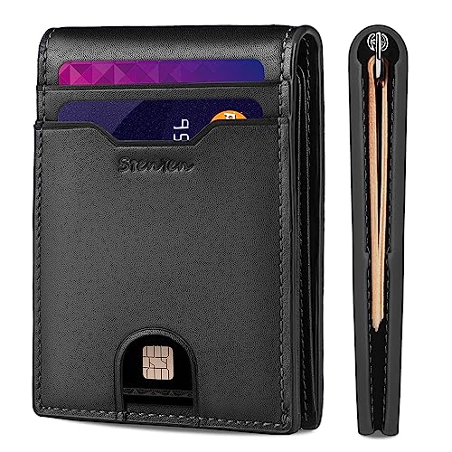 Sienien Wallet for Men Slim Minimalist Genuine Leather With Money Clip RFID Blocking Black
