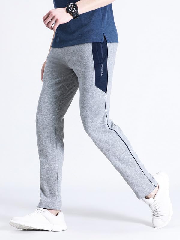 Image of CROCODILE Men Solid Slim Fit Track Pant | Mid Rise | Drawstring Waist | Regular Length | Casual Sports Lounge Bottomwear Navy Melange