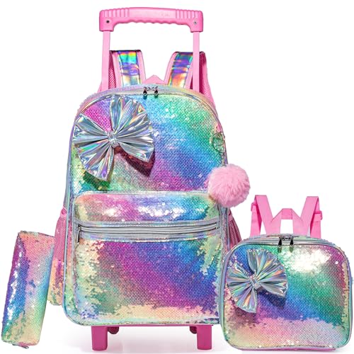 HTgroce Cartable a Roulette Fille Primaire, Cartables Scolaire Trolley Bag Sac à Dos avec roulettes Léger Cartable Ensemble de 3 Pcs Sac de Voyage pour L'école, Le Voyage, la randonnée.