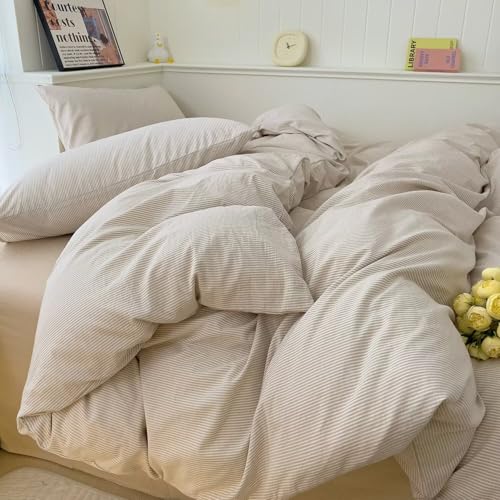 Image of MKXI Ultra-Slim Stripes Washed Cotton Duvet Cover Set, Breathable Textured Coastal Bedding in Oyster White & Sand Dune, Full 3-Piece, Nautical Stripe