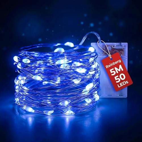 Rainberg LED Fairy Lights 5M 50LEDs Battery Powered Waterproof Copper Wire DIY Bendable for Indoor and Outdoor Wedding Party Christmas and Home Decoration (Blue)