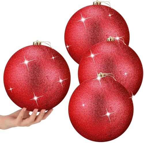 Zubebe 4 Pcs Extra Large Christmas Ball Ornaments 8'' (200 Mm) Giant Oversized Plastic Xmas Ball Big Hanging Christmas Tree Ornaments for Holiday Party Outdoor Decor(Sequin Red)