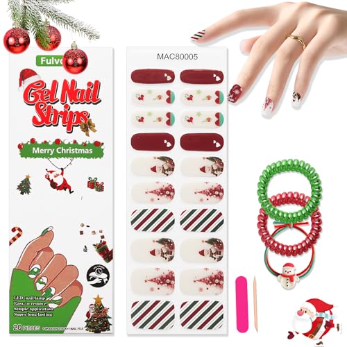 Christmas Semi Cured Gel Nail Strips – 20PCS Full Wrap Nail Stickers with Red Santa Claus & Green Christmas Tree Designs, Easy DIY Winter Nail Art for Women,Snowman Snowflake Nail Ornament (5)