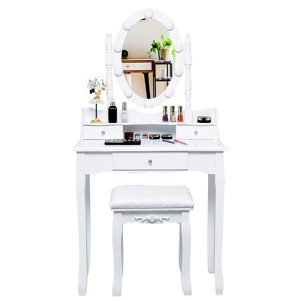 GYMAX Toeletta da Trucco, Illuminata con 10 Lampadine di LED, 3 Cassetti per Cosmetici, Specchiera Staccabile, Sgabello in Spugna, Set Mobile da Camera, Moderno ed Elegante, 75x40x143,5 cm, Bianco
