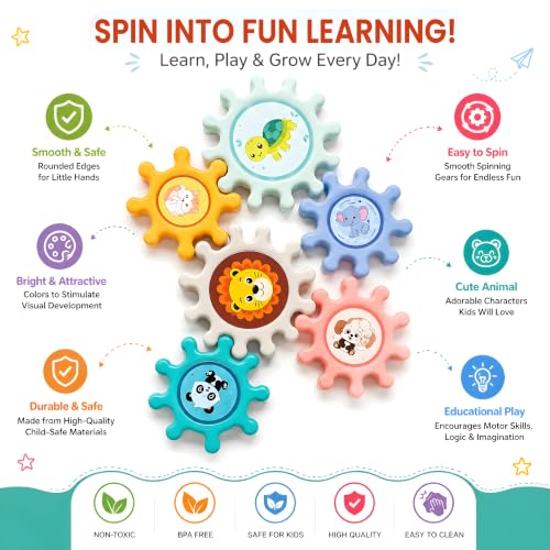 Image of Cable World Baby Gear Spinner Toys for Kids, Interlocking Spinning Gears with Animal Design, Sensory & Fine Motor Skill Toy, Educational STEM Learning Toy for Infants & Toddlers 6+ Months, Pack of 6