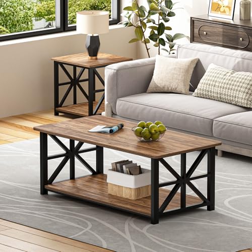 GreenForest Coffee Table with Round Corner, Farmhouse Center Table with 2-Tier Storage Shelf X-Frame Design for Living Room, 39 inch Walnut - Image 3