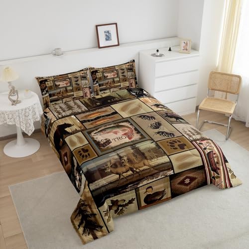Image of Feelyou Kids Bass Fish Comforter Set Full Size, Deer Hunting Bedding Set Fishing Duvet Insert Boys Girls Rustic Farmhouse Teens Bedroom Decor 3Pcs