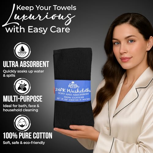 Image of DAN RIVER 24 Pack Wash Cloths for Showering [12x12] - 100% Cotton Washcloths Premium Quality Flannel Face Cloths for Bathroom, Highly Absorbent and Soft Feel Wash Clothes, Black
