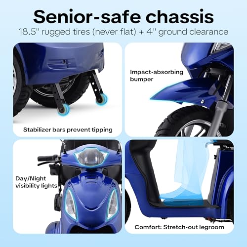 Image of Heavy Duty 3 Wheel Mobility Scooters for Seniors & Adults 500lbs Capacity-800W Mobility Scooters 31 Miles Long Range, All Terrain Electric Powered Mobility Scooters Handicap Mobility Scooter (Blue)