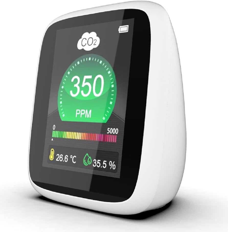 CO2 Carbon Dioxide Air Quality Monitor, Pollution & Ventilation Meter, Tester; Detect & Test Indoor Air Ventilation Levels with CO2 PPM Levels, Temperature and Humidity Sensor Readings on LED Screen