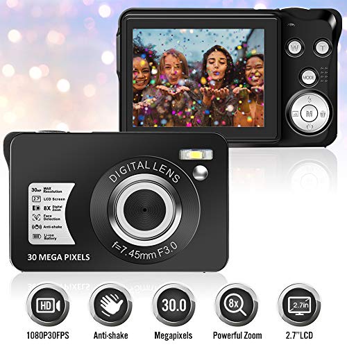 Camara de Fotos Cámara de Fotos 30MP LCD TFT de 2,7 Pulgadas Zoom Digital 8X con Cámara de Video con Cámara de Videocamaras Cámara Compacta y Portátil para Selfies