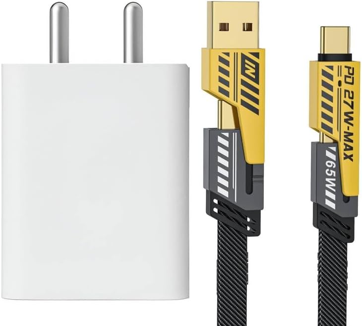 18W Charger for HTC HD mini Single USB Port High Speed Turbo Charge QC 3.0 Smart with 1.2m 4-in-1 Metal Flat Braided Indestructible Multi Cable iOS Type-C USB Cable (White, Big, SZ.B2)
